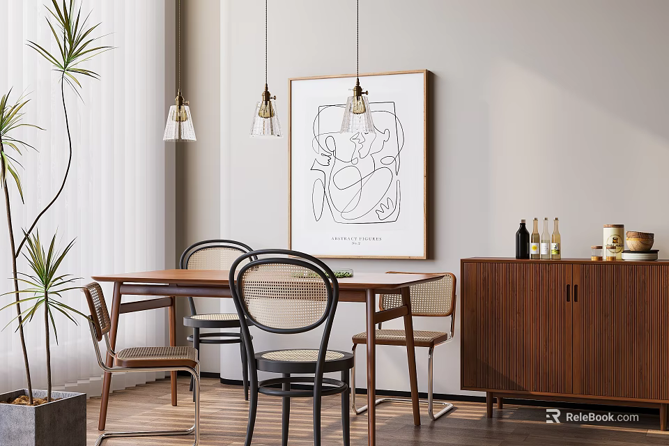 Modern Restaurant Interior With Wooden Dining Table Chairs Decorative Painting Hanging Lights And Plants 3d model 