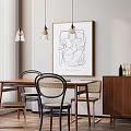 Modern Restaurant Interior With Wooden Dining Table Chairs Decorative Painting Hanging Lights And Plants