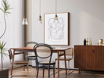 Modern Restaurant Interior With Wooden Dining Table Chairs Decorative Painting Hanging Lights And Plants 3d model