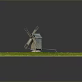 Wooden Windmill With Spinning Blades On Square Green Grass Lawn