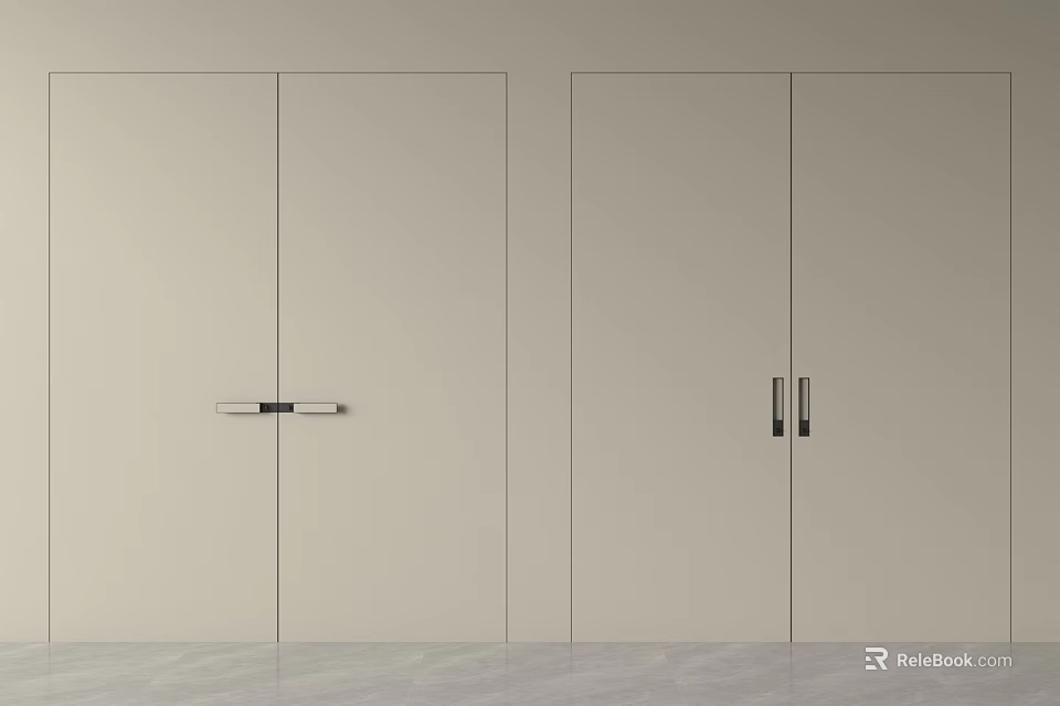 Minimalist Light Beige Swing Doors With Modern Design And Sleek Metal Handles For Interior 3d model 