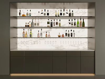 Modern Wine Cabinet with Multiple Shelves and Wine Bottles on Marble Back Panel 3d model