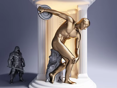 Elegant Decorative Figurine Set with Golden Statue White Pillar and Black Assassin Warrior 3d model