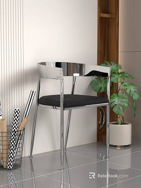 Modern Leisure Chair With Chrome Frame Black Fabric Cushion And Green Plant 3d model 