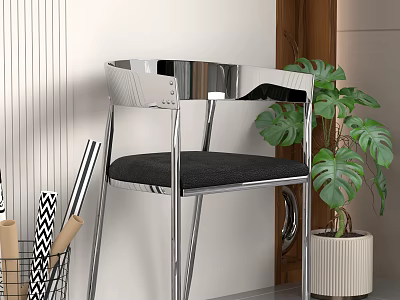 Modern Leisure Chair With Chrome Frame Black Fabric Cushion And Green Plant 3d model