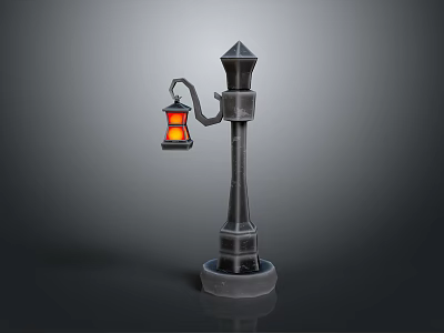 Vintage Street Lamp Design With Black Post Pointed Top Red Lantern And Yellow Light 3d model