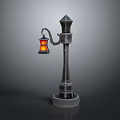 Vintage Street Lamp Design With Black Post Pointed Top Red Lantern And Yellow Light