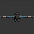 Woman in Blue Tactical Outfit With Utility Belt Backpack Standing Arms Outstretched