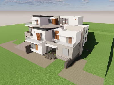 Contemporary Detached Villa Featuring White Exterior Balcony Green Lawn And Driveway 3d model