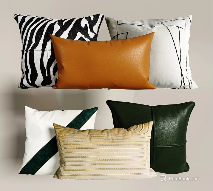 Stylish Decorative Pillows With Zebra Pattern Leather And Striped Designs In Brown Green White Tones 3d model 