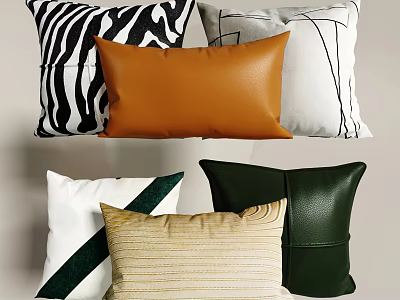 Stylish Decorative Pillows With Zebra Pattern Leather And Striped Designs In Brown Green White Tones 3d model