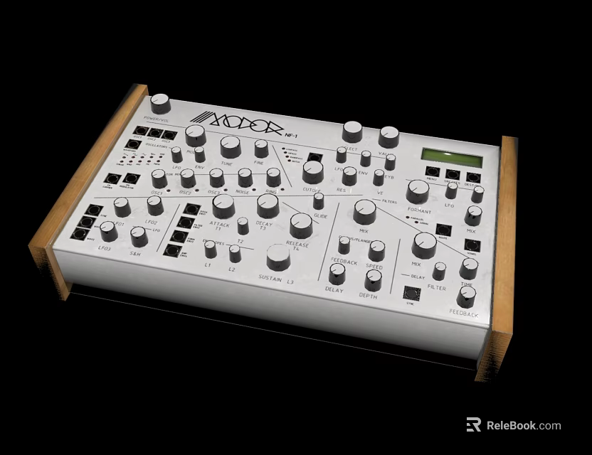 AZORA Professional Electronic Synthesizer With Knobs Buttons Display Screen And Wooden Frame 3d model 