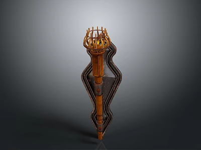 Ornate Wooden Torch Decoration With Flame Shaped Top And Metal Accents 3d model