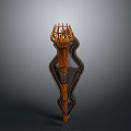 Ornate Wooden Torch Decoration With Flame Shaped Top And Metal Accents
