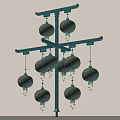 Multiple Blue Decorative Lanterns With Tassels Hanging On Crossbar Frame 3d model