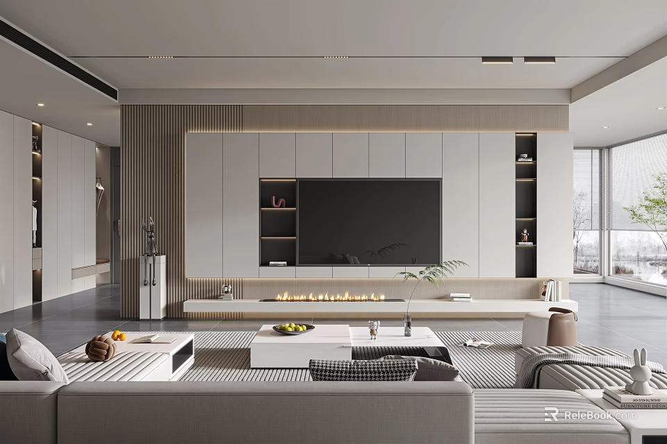 Modern Living Room With TV Wall Built In Fireplace Light Gray Sofa And Wooden Shelves 3d model 