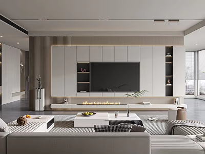 Modern Living Room With TV Wall Built In Fireplace Light Gray Sofa And Wooden Shelves 3d model
