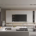 Modern Living Room With TV Wall Built In Fireplace Light Gray Sofa And Wooden Shelves