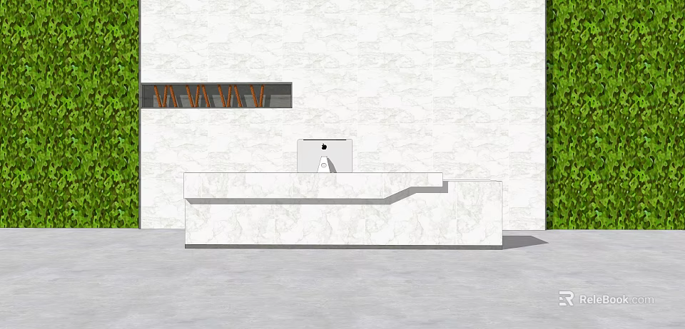 Modern Marble Reception Desk With White Wall Green Plants And Computer Equipment 3d model