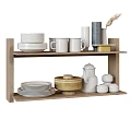 Stylish Dinnerware Set on Wooden Shelf with Plates Mugs Bowls and Teapot