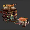 Wooden Functional Sushi Cart Featuring Salmon Decorated Pig Pulling And Small Dolls