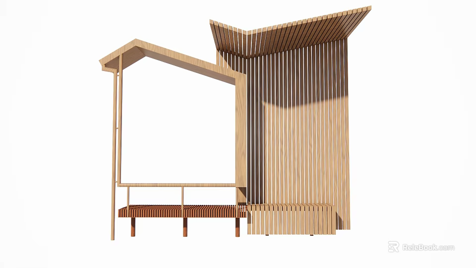 Modern Wooden Pergola With Sloped Roof Vertical Slats And Side Bench 3d model 