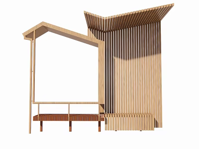 Modern Wooden Pergola With Sloped Roof Vertical Slats And Side Bench 3d model