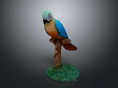 Colorful Parrot Statue Perched On Tree Branch With Green Grass Base 3d model