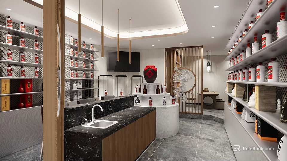 Modern Liquor and Tobacco Store Interior With Neat Display Shelves And Pendant Lights 3d model 