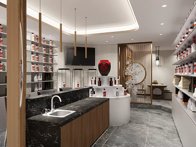 Modern Liquor and Tobacco Store Interior With Neat Display Shelves And Pendant Lights 3d model