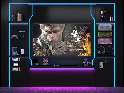 Gaming Live Stream Room With Game Character On Large Screen Neon Lights And Gaming Gear 3d model