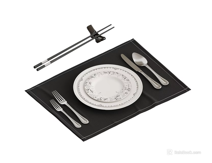 Elegant Tableware Set With Placemat Plate Knife Fork Spoon Chopsticks And Rest 3d model 