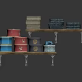 Rustic Wooden Shelf With Stacked Fabrics And Colorful Decorative Boxes