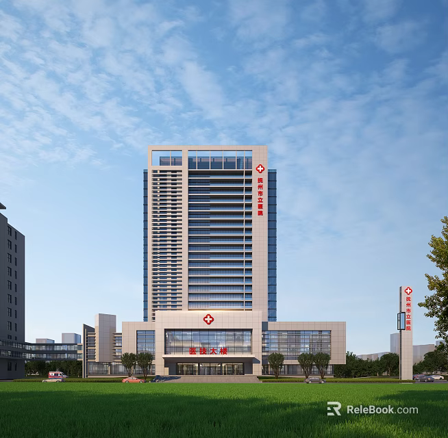 Modern Hospital Office Building Exterior With Glass Curtain Wall Stone Facade And Red Cross Sign 3d model 