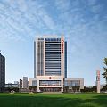 Modern Hospital Office Building Exterior With Glass Curtain Wall Stone Facade And Red Cross Sign