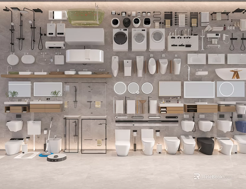 Modern Bathroom Toilet Collection with Various Washbasins Bathtubs and Faucets 3d model 
