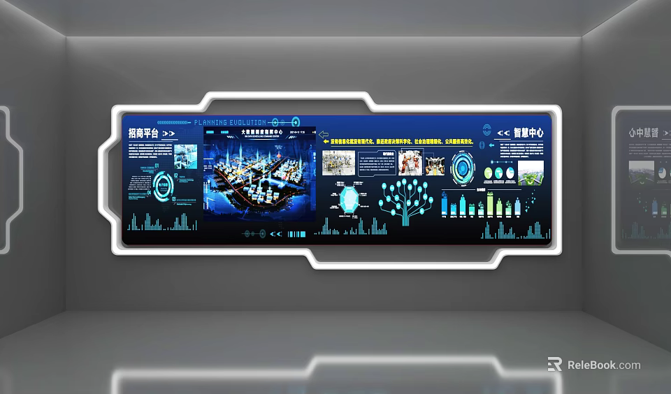 Technology Display Panel Featuring Blue Interface Data Charts Ship Elements And Data Visualization 3d model 