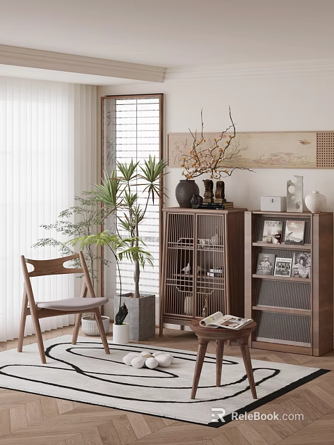 Modern Wooden Chest of Drawers in Stylish Interior with Potted Plants Chair and Decorative Items 3d model 