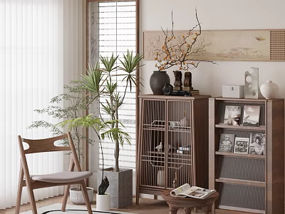 Modern Wooden Chest of Drawers in Stylish Interior with Potted Plants Chair and Decorative Items 3d model