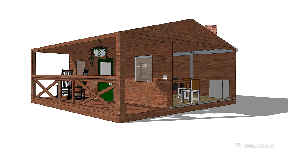 Wooden Detached House With Front Porch Green Door Windows Chimney And Outdoor Seating 3d model 