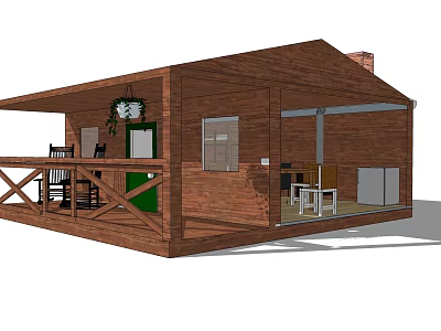 Wooden Detached House With Front Porch Green Door Windows Chimney And Outdoor Seating 3d model