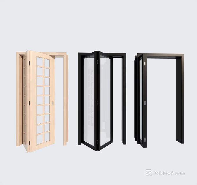 Various Designs of Folding Doors with Wooden and Black Frames and Glass Panels 3d model 