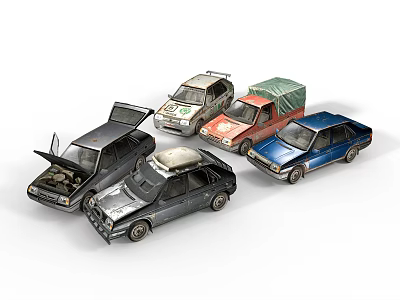 Vintage Toy Car Models In Various Colors With Open Hood And Tarpaulin 3d model