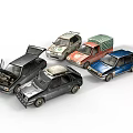 Vintage Toy Car Models In Various Colors With Open Hood And Tarpaulin