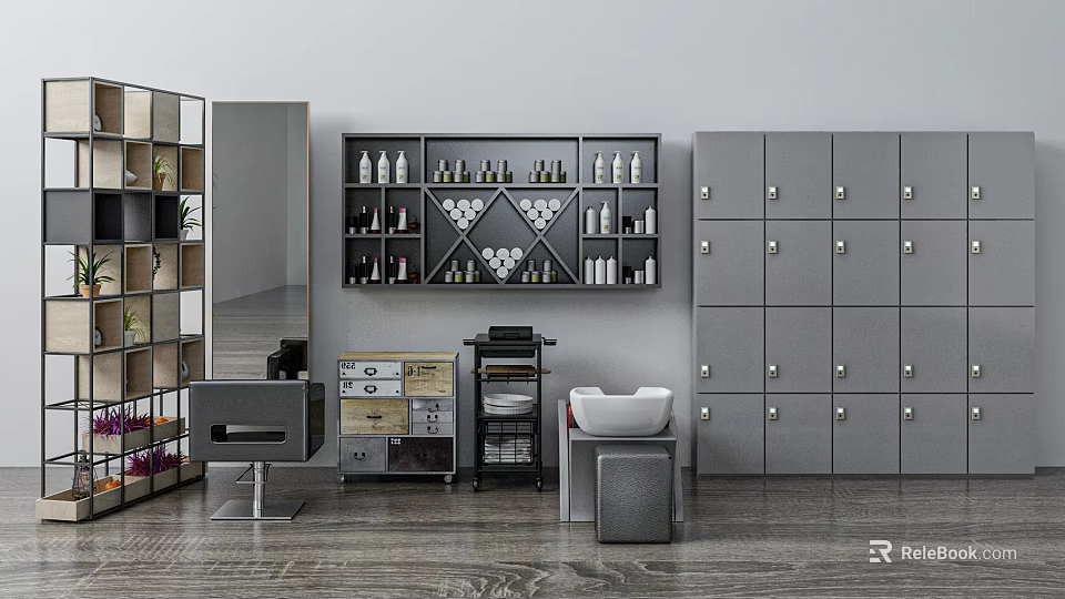 Functional Salon Commercial Equipment With Lockers Mirror Shelves Chair And Basin 3d model 