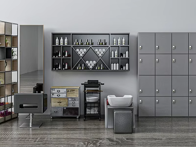 Functional Salon Commercial Equipment With Lockers Mirror Shelves Chair And Basin 3d model