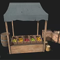 Wooden Fruit Stall with Gray Canopy and Crates of Fresh Fruits Beside Barrel