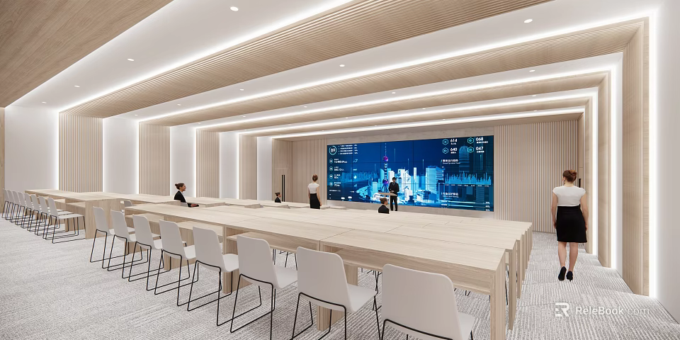 Modern Conference Room Interior With Long Wooden Table White Chairs And Large Digital Screen 3d model 