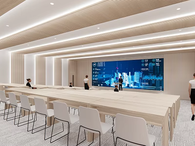 Modern Conference Room Interior With Long Wooden Table White Chairs And Large Digital Screen 3d model