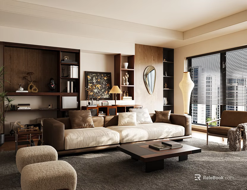 Sunlit Warm Contemporary Living Room With Integrated Wooden Storage Shelves And Cozy Oversized Sofa 3d model 